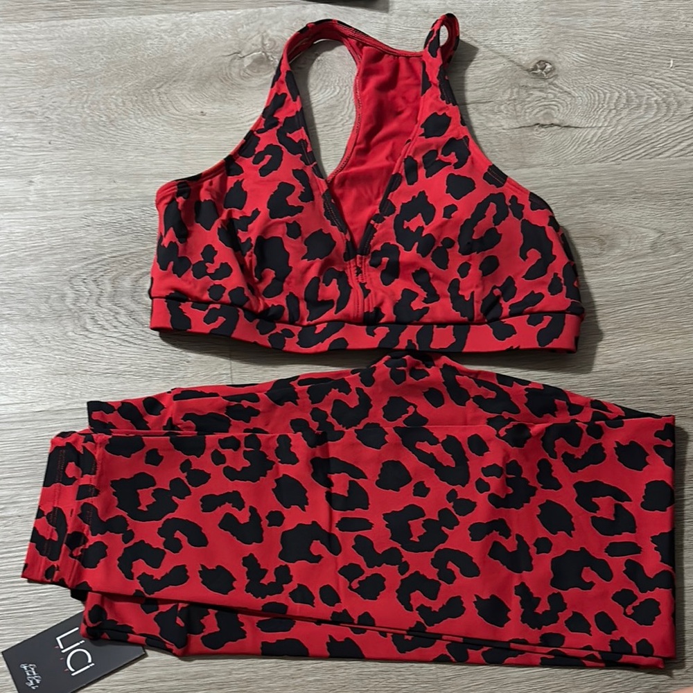 Red and Black Leopard Print Sports Bra, leggings, and shorts